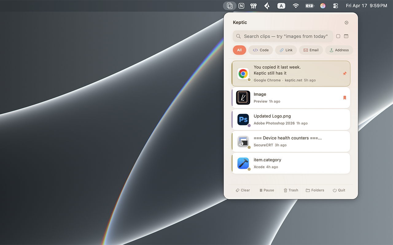Keptic menu bar panel on Mac showing category filters and clipboard items auto-categorized by on-device AI