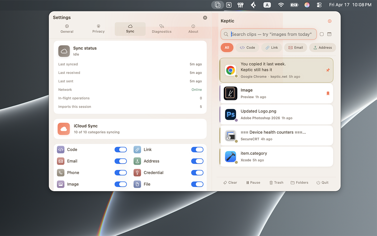 Keptic Settings panel showing iCloud sync status and per-category sync toggles